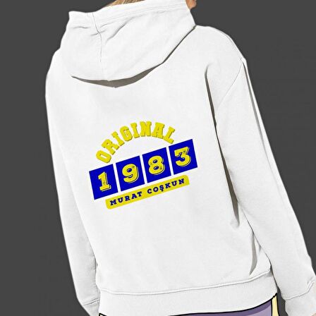 Kişiye Özel Sarı Lacivert İsim Tarih Baskılı Cepli, Kapşonlu Beyaz Unisex Sweatshirt HK2371