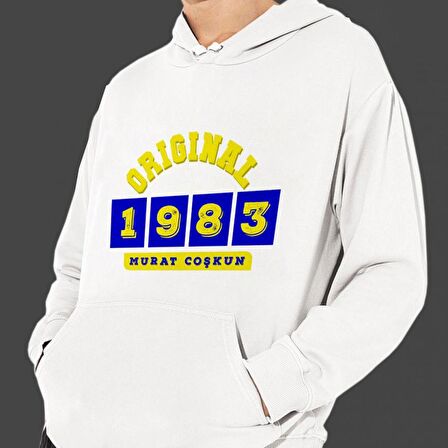 Kişiye Özel Sarı Lacivert İsim Tarih Baskılı Cepli, Kapşonlu Beyaz Unisex Sweatshirt HK2371