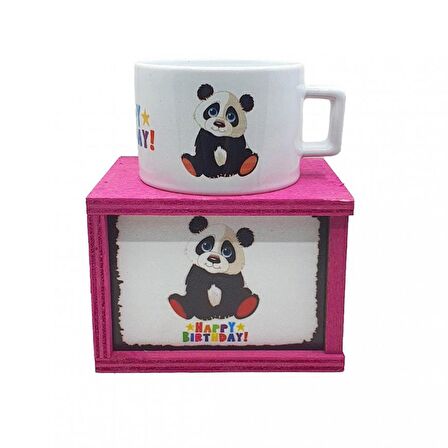 Panda Happy Birthday Doğum Günü Konsept Ahşap Kutulu Kupa Bardak