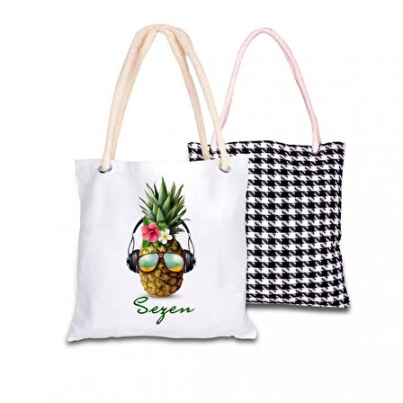 Kişiye Özel İsim Baskılı Ananas Temalı Bez Kol Çantası 40x40 cm HK2432