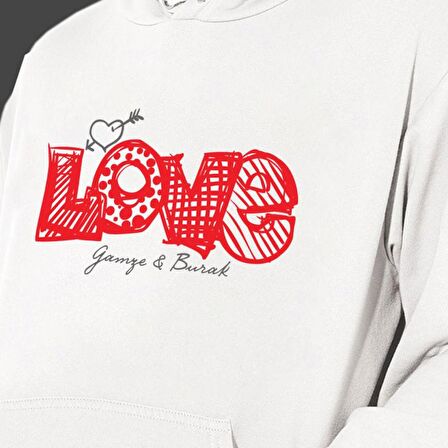 Kişiye Özel Love Temalı Sevgiliye Özel Cepli, Kapşonlu Beyaz Unisex Sweatshirt HK2519