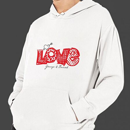 Kişiye Özel Love Temalı Sevgiliye Özel Cepli, Kapşonlu Beyaz Unisex Sweatshirt HK2519