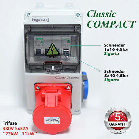Classic COMPACT, Trifaze Elektrikli Araç Kombinasyon Kutusu 5x32A + 1x16A - Schneider Marka Sigorta Grubu - 5 Yıl Garanti