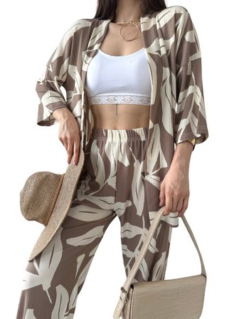 Alt Üst Takım Kimono- Desenli-Kahverengi