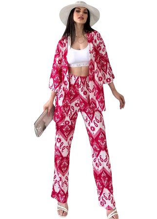 Aparim Kimono Alt Üst Takım Desenli Kırmızı Beyaz XL
