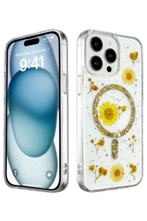 Newface Apple iPhone 15 Pro Max Kılıf Daisy Simli Magsafe Kapak - Gold