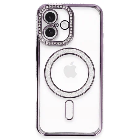 Newface Apple iPhone 16 Plus Kılıf Joke Simli Magneticsafe Kılıf - Derin Mor