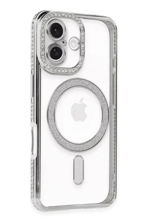 Newface Apple iPhone 16 Plus Kılıf Joke Simli Magneticsafe Kılıf - Gümüş