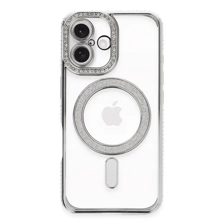 Newface Apple iPhone 16 Plus Kılıf Joke Simli Magneticsafe Kılıf - Gümüş