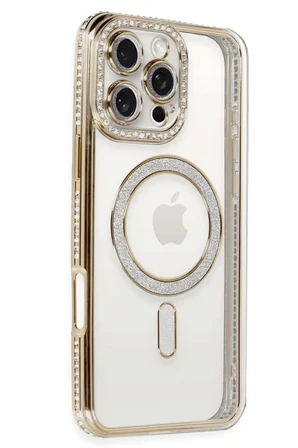 Newface Apple iPhone 16 Pro Kılıf Joke Simli Magneticsafe Kılıf - Gold