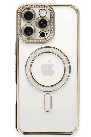 Newface Apple iPhone 16 Pro Kılıf Joke Simli Magneticsafe Kılıf - Gold