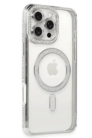 Newface Apple iPhone 16 Pro Kılıf Joke Simli Magneticsafe Kılıf - Gümüş