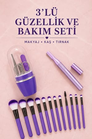 12’li Makyaj Fırça Seti Kaş Düzeltme Cihazı ve Tırnak Bakım Seti 3’lü Kadın Güzellik ve Kişisel Bakı