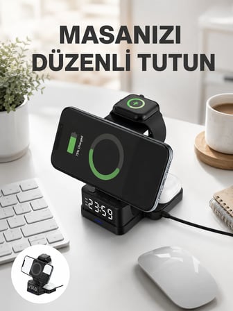 Dijital Saatli Kablosuz Şarj İstasyonu – 3’ü 1 Arada Uyumlu Hızlı Şarj ve LED Ekran Yeni Nesil