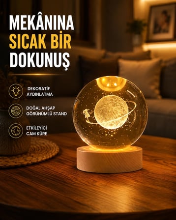Kız Figürlü Sarı Cam Küre Işıklı Büyük Boy Ahşap Standlı Dekor