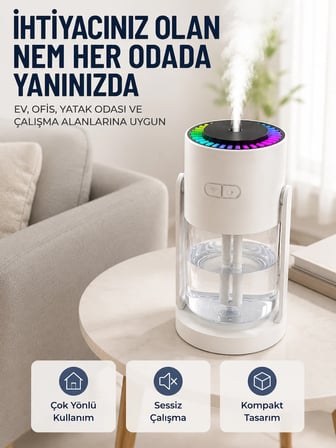 Ultrasonik Hava Nemlendirici Renkli LED Işıklı Sessiz Oda Nemlendirme Cihazı