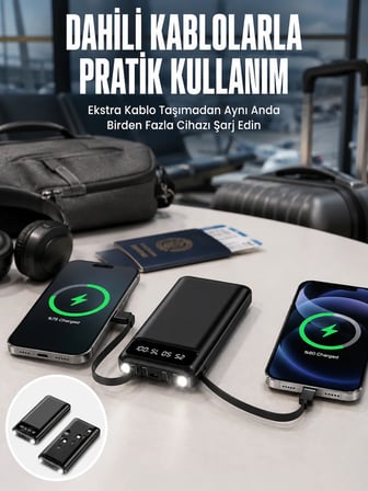 20.000 Mah Led Işıklı LCD Ekran USB Girişli Type-C Lightning Powerbank Yeni Nesil