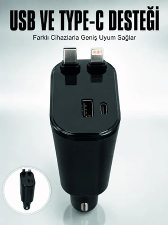 Araç Çakmaklık Şarj Cihazı 120W Type-C &amp; Lightning Kablolu Çoklu Hızlı Şarj İstasyonu