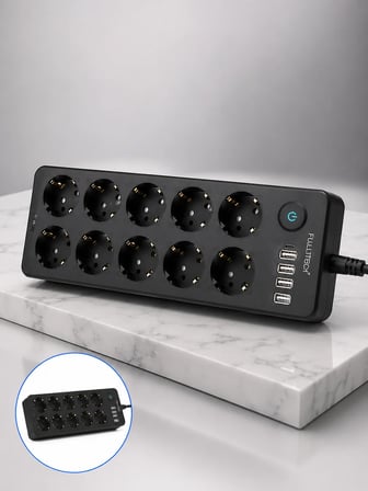 10 Prizli USB Destekli Çoklu Priz Type-C Şarj Girişli Güvenli Güç Ünitesi