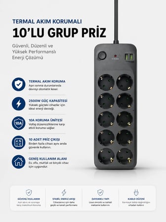 Termal Akım Korumalı USB Type-C Girişli 10'lu Grup Priz 2500W Güç Kapasitesi (Kopya)