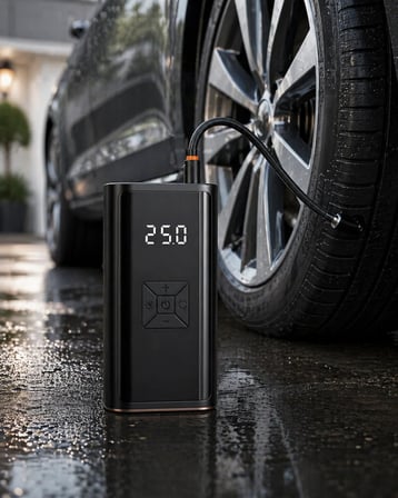 Kablosuz Lastik Şişirme Kompresörü Dijital Ekranlı Powerbank Özellikli Hava Pompası
