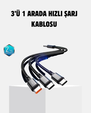 3 Başlıklı Hızlı Şarj Kablosu Metal Alaşımlı Dayanıklı ve Akıllı Çipli
