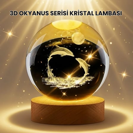 Lazer İşlemeli Yunus Kristal Küre Sıcak Işıklı Ahşap Standlı