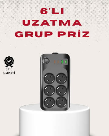 6’lı Grup Priz Termal Korumalı USB Type-C Çoklu Priz 2 Metre Kablo
