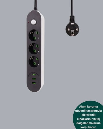 Akım Korumalı Anahtarlı USB Girişli Üçlü Priz