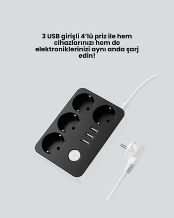 4.1A Hızlı Şarjlı Akım Korumalı 4 Priz ve 3 USB Çıkışlı Priz