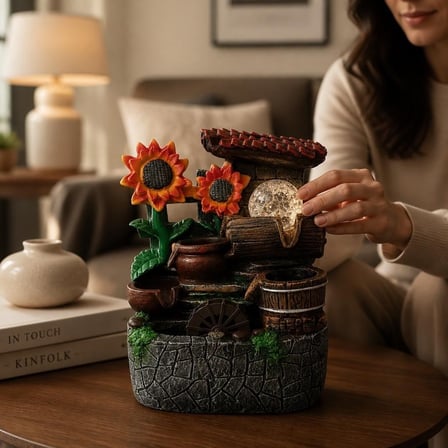 LED Işıklı Ayçiçeği Tasarımlı Dekoratif Masaüstü Su Çeşmesi – Şelaleli Değirmen, Feng Shui Ev ve Ofi