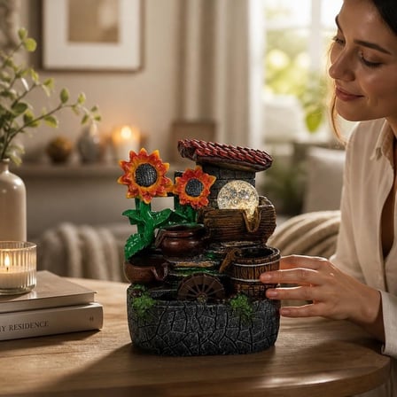 LED Işıklı Ayçiçeği Tasarımlı Dekoratif Masaüstü Su Çeşmesi – Şelaleli Değirmen, Feng Shui Ev ve Ofi