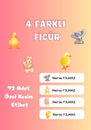 72 Adet Hayvan Temalı Kişiye Özel Okul Etiketi İsim Yazılabilen Etiket Kalem Defter İsimli Etiket