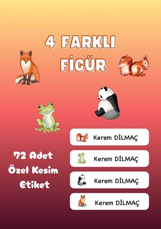 72 Adet Hayvan Temalı Kişiye Özel Okul Etiketi İsim Yazılabilen Etiket Kalem Defter İsimli Etiket n2