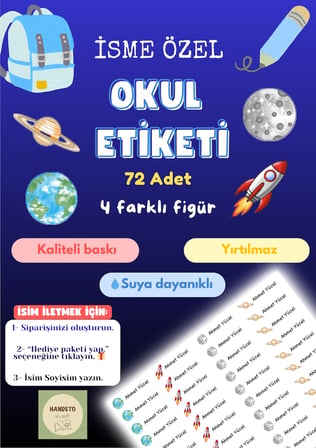 72 Adet Uzay Temalı Kişiye Özel Okul Etiketi İsim Yazılabilen Etiket Kalem Defter İsimli Etiket