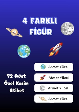 72 Adet Uzay Temalı Kişiye Özel Okul Etiketi İsim Yazılabilen Etiket Kalem Defter İsimli Etiket