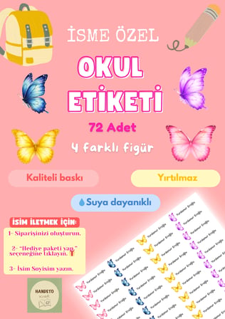 72 Adet Kelebek Temalı Kişiye Özel Okul Etiketi İsim Yazılabilen Etiket Kalem Defter İsimli Etiket