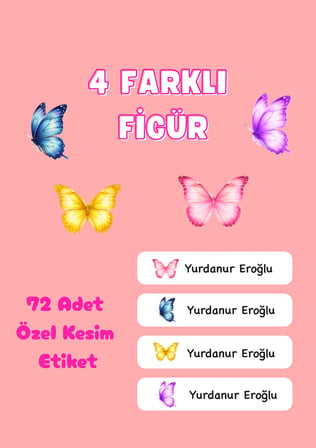 72 Adet Kelebek Temalı Kişiye Özel Okul Etiketi İsim Yazılabilen Etiket Kalem Defter İsimli Etiket
