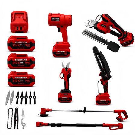 Grezerman HKT-1230-K Kırmızı 6lı Bahçe Seti - Dijital Göstergeli Ot Biçme, Çit Budama, Testere, Budama Makası, Üfleme, Uzatma Kolu