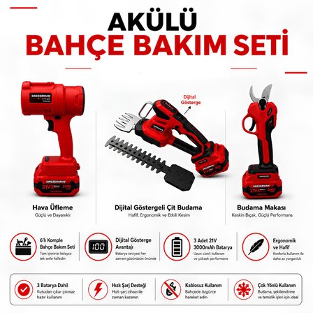 Grezerman HKT-1230-K Kırmızı 6lı Bahçe Seti - Dijital Göstergeli Ot Biçme, Çit Budama, Testere, Budama Makası, Üfleme, Uzatma Kolu