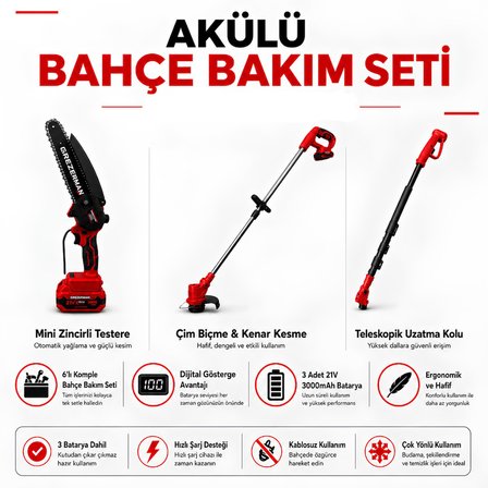 Grezerman HKT-1230-K Kırmızı 6lı Bahçe Seti - Dijital Göstergeli Ot Biçme, Çit Budama, Testere, Budama Makası, Üfleme, Uzatma Kolu