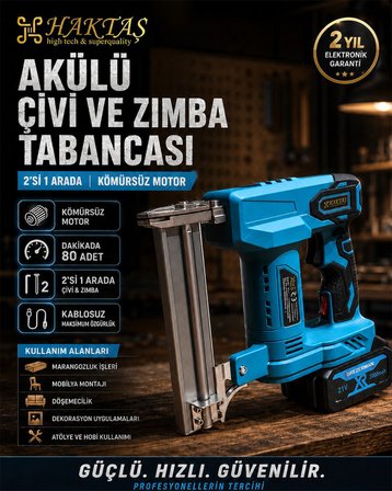 Haktaş HKT-181 Akülü Çivi ve Zımba Tabancası 2si1 Arada Şarjlı Set