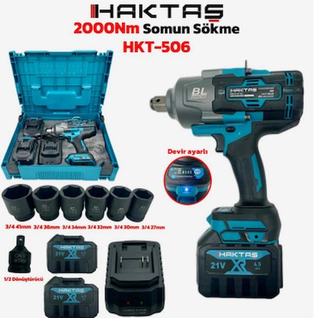 haktaş AKÜLÜ SOMUN SIKMA SÖKME BÜYÜK ARAÇ 2000 TORK LOKMA TAKIM KUTULU ÇİFT AKÜ HKT506
