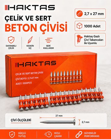 Haktaş HKT036 1000 Adet 2,7x27 mm Çelik ve Sert Beton Çivisi Gazlı Çivi Tabancası Uyumlu