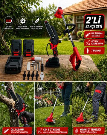 Haktaş HKT1060 2li Bahçe Seti Çift Akülü - Şarjlı Tırpan + Dal Budama Testere 15cm