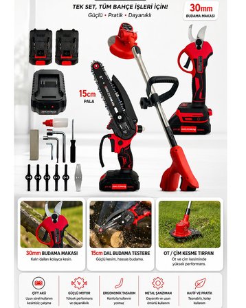 Haktaş HKT1065 Kırmızı 3lü Bahçe Seti Çift Akülü - Şarjlı Tırpan + 15cm Testere + 30mm Budama Makası