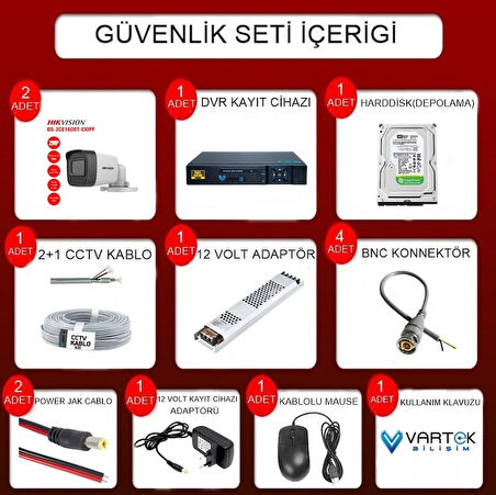 Hikvision 2 MP 2 Kameralı 250 GB HDD Tak Çalıştır  Kamera Seti