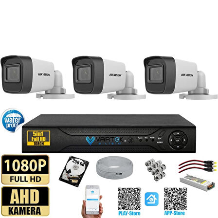 Hikvision 2 MP 3 Kameralı 250 GB HDD Tak Çalıştır  Kamera Seti