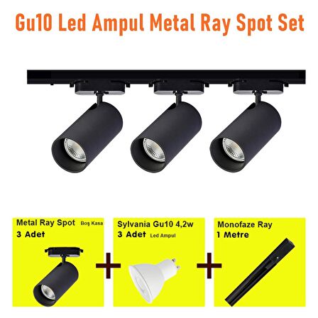 Mini Ray Spot Set Gu-10 Duylu Siyah Kasa Beyaz Işık 3 Spot Lamba 1 Mt Ray 3 Gu10 6500k Led Ampul