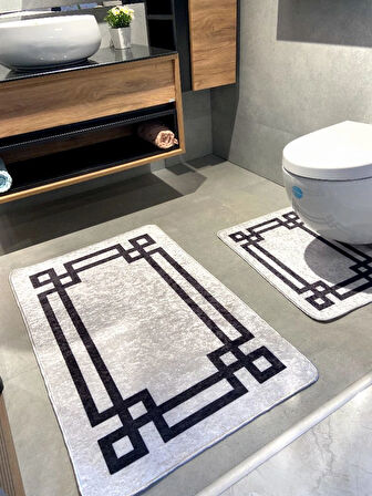 Lateks Taban S(70X110 - 70X50) Ikili Banyo Paspas Takımı Gri-siyah